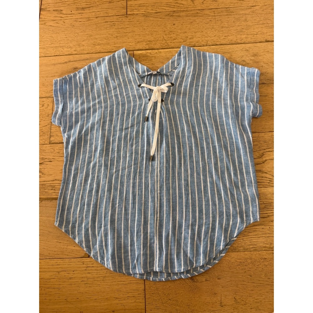 Rails Jeri St Germain Stripe Linen Blend Lace Up Top Blue White Small (616)